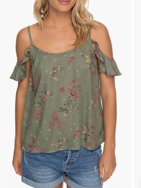 Roxy Dreamland Groove Green Floral Cold Shoulder Top NWT size small